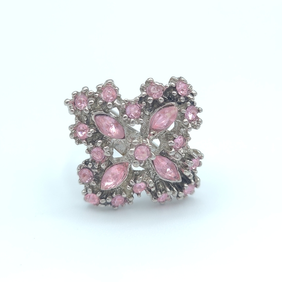 Jewelry - Pink Rhinestone Floral Cluster Ring Silver Tone Adjustable Statement